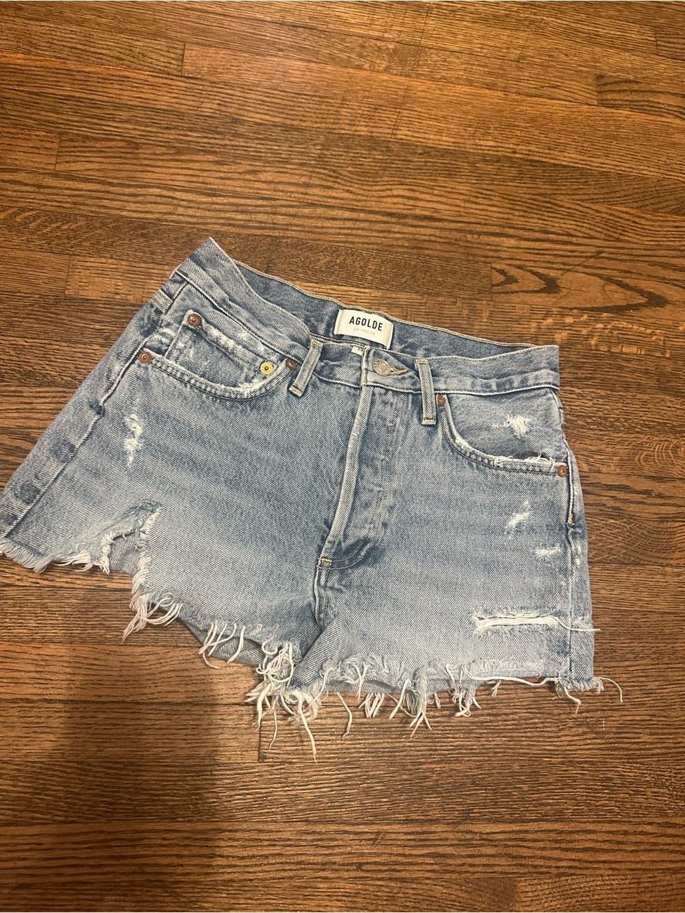 AGOLDE Light Blue Distressed Parker Denim Shorts
